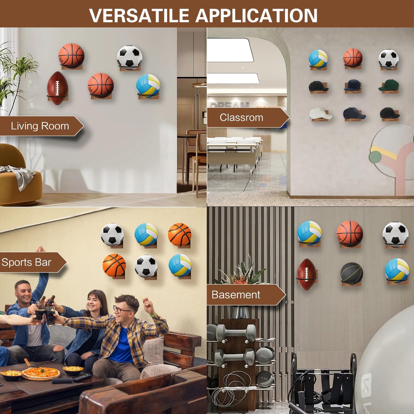 JOINSI 2PCS Wood Basketball Holder Wall Mounted, Ball Organizers Rack Display Wall Storage for Soccer, Volleyball, Rugby, Football