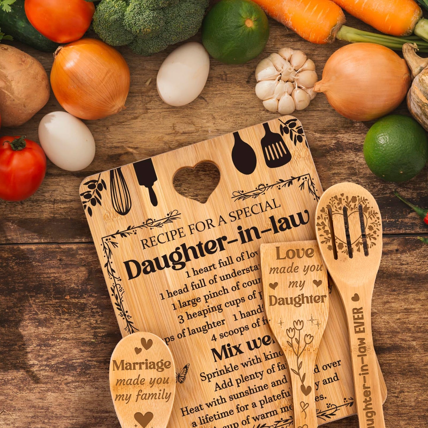 Gifts for Daughter in Law - "Recipe for a Special Daughter-in-Law" Daughter in Law Birthday Gifts Cutting Board Set, Bamboo-Made Engraved Utensil Set Gifts for Daughter in Law.