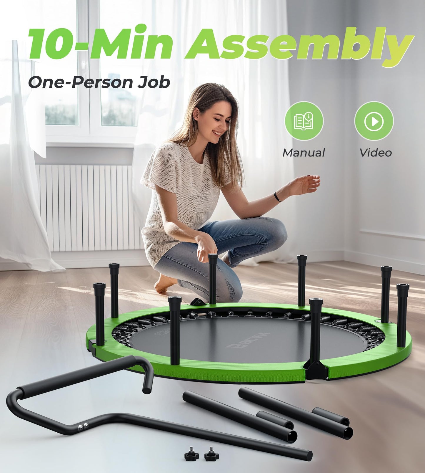 BCAN 40"/48" Foldable Mini Trampoline, Rebounder Trampoline for Adults, U/T Shape Adjustable Foam Handle, Exercise Rebounder for Kids Adults Indoor/Garden Workout, Max Load 330lbs/440lbs