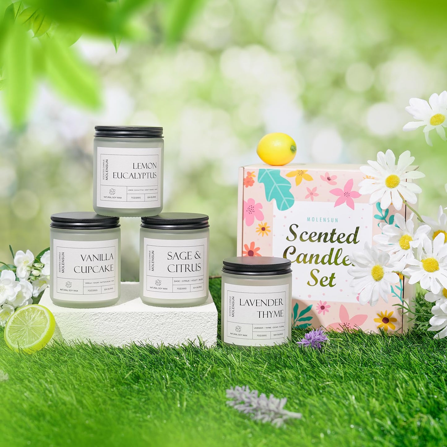 Molensun 4 Pack Candles for Home Scented, Mother's Day Gifts, 28 oz Long Lasting Candles, Soy Candle Set Gift for Women - Lavender Thyme/Lemon Eucalyptus/Sage &Citrus/Vanilla Cupcake