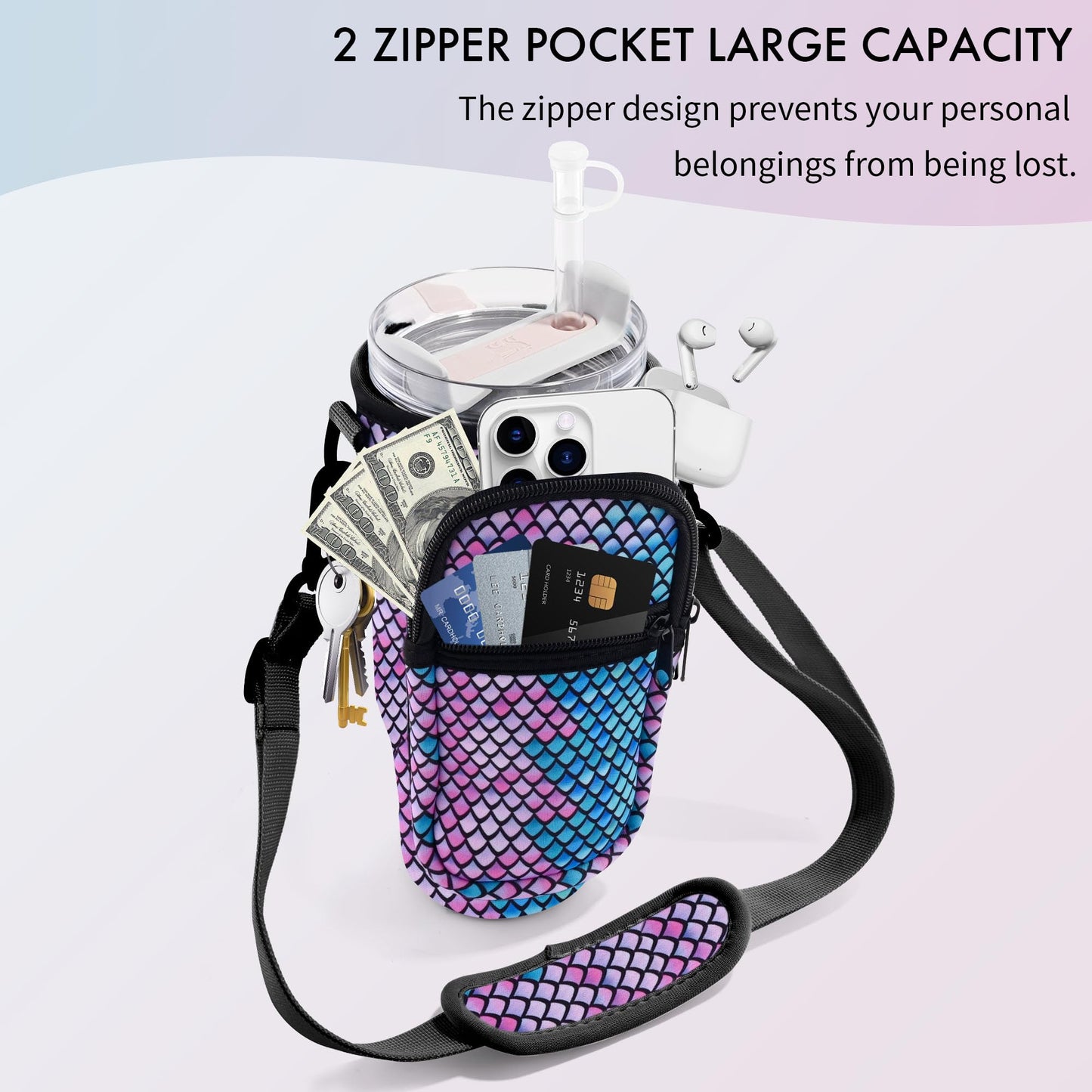 JEBEALUO Water Bottle Carrier Bag with Phone Pocket for Stanley Cup 40/30 oz, Water Bottle Holder with Adjustable Strap& Straw Cover, Stanley Cup Accessories (Mermaid)