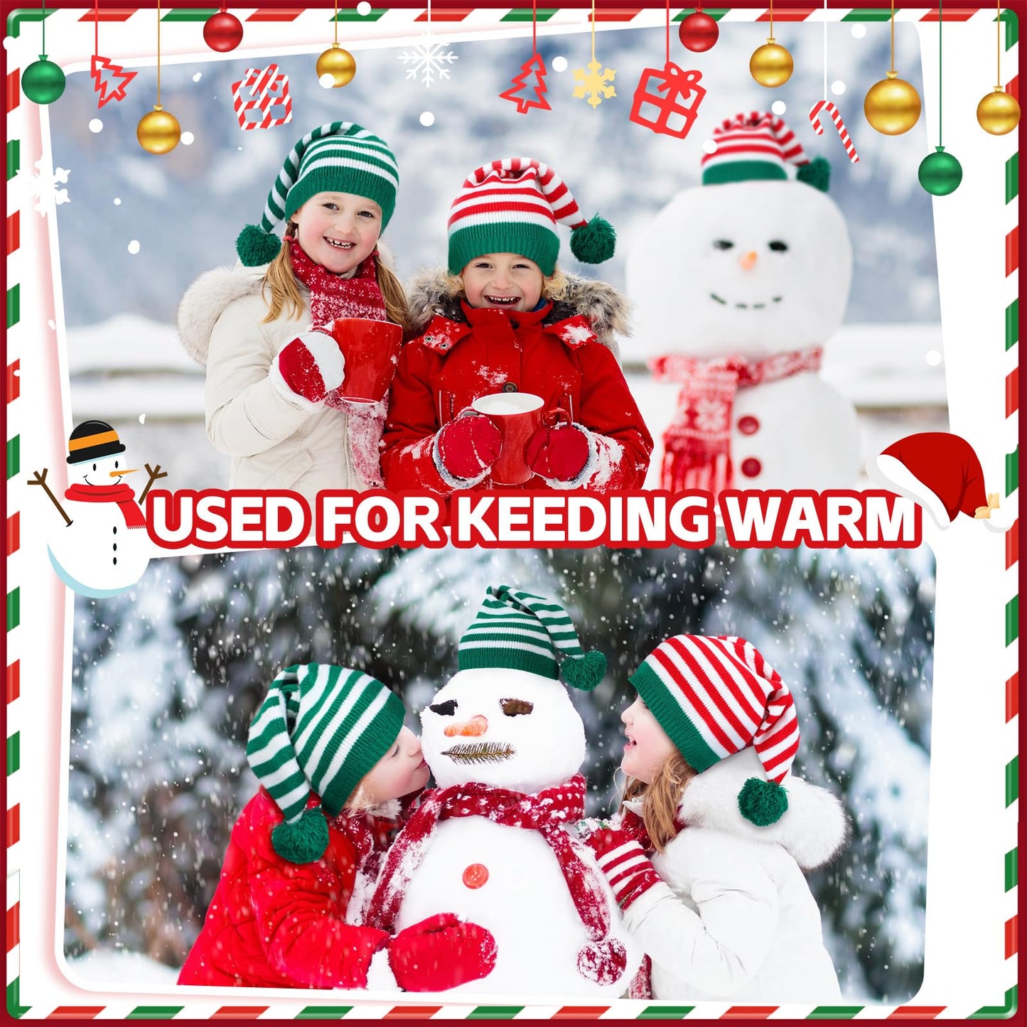 Ramede 12 Christmas Knitted Elf Hats Santa Hat for Adults Xmas Beanie Winter Hats with Pompom Bulk Crochet Caps for Women Men(Vivid Color,Stripe)