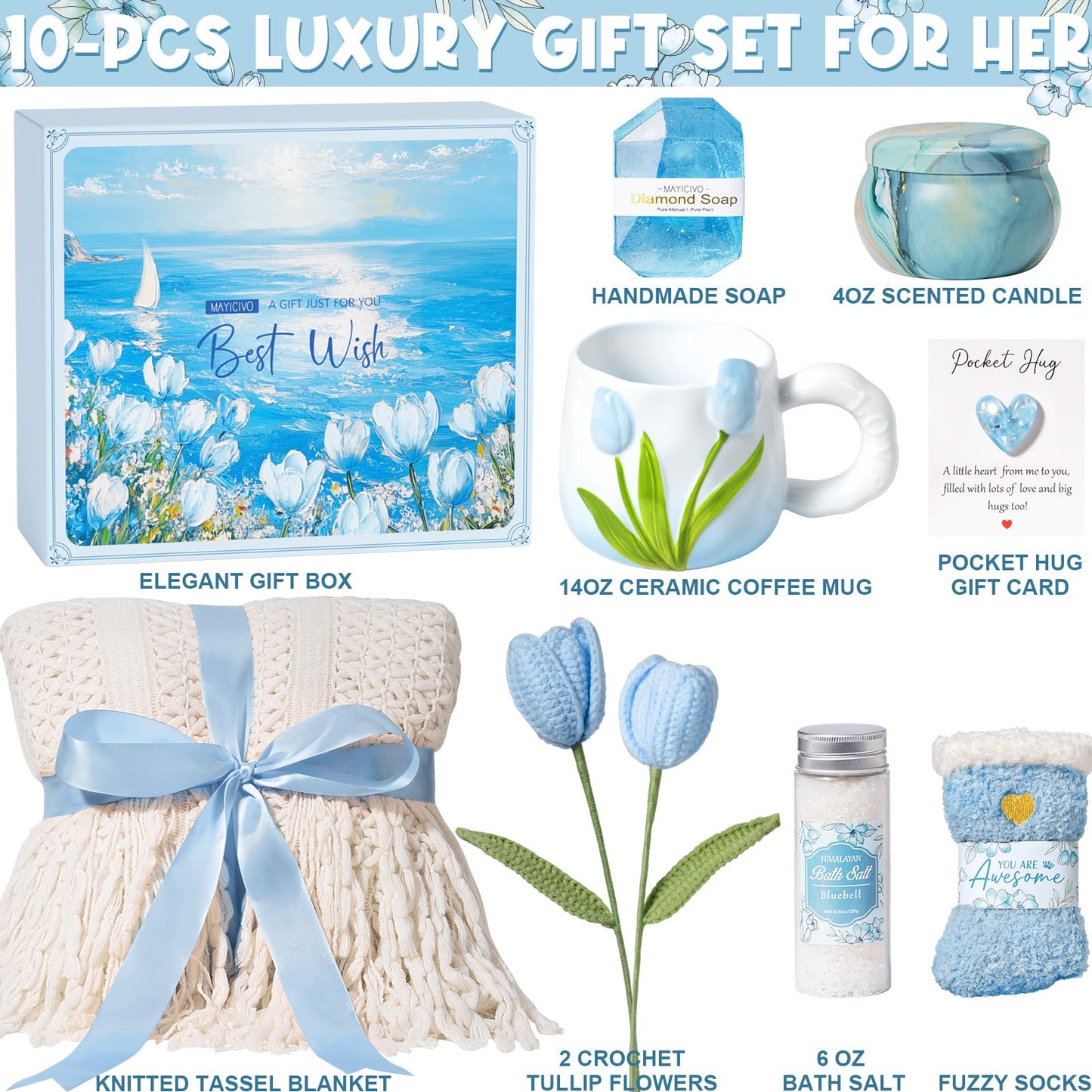 Birthday Gifts for Women Self Care Set Get Well Soon Gift Baskets, Relaxing Bluebell Spa Gift Basket Care Package for Women, Unique Xmas Gifts for Mom Her Girlfriend Sister Friend Wife Grandma