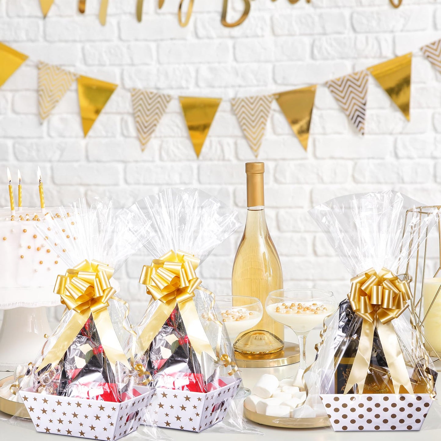 Canlierr 50 Pcs Basket for Gifts Empty Include 12 Pcs 8" x 6" x 3" Basket Empty to Fill with Handles 18 Pull Bows and 20 Clear Plastic Bags for Wedding Birthday Party Gift Wrapping(Golden)