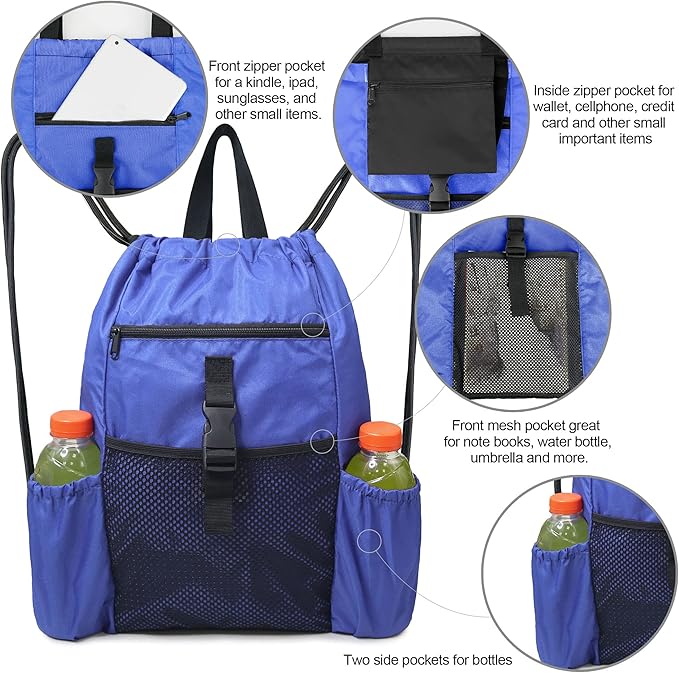 BeeGreen Drawstring Backpack Sports Gym Bag With Shoe Compartment and Two Water Bottle Holder …