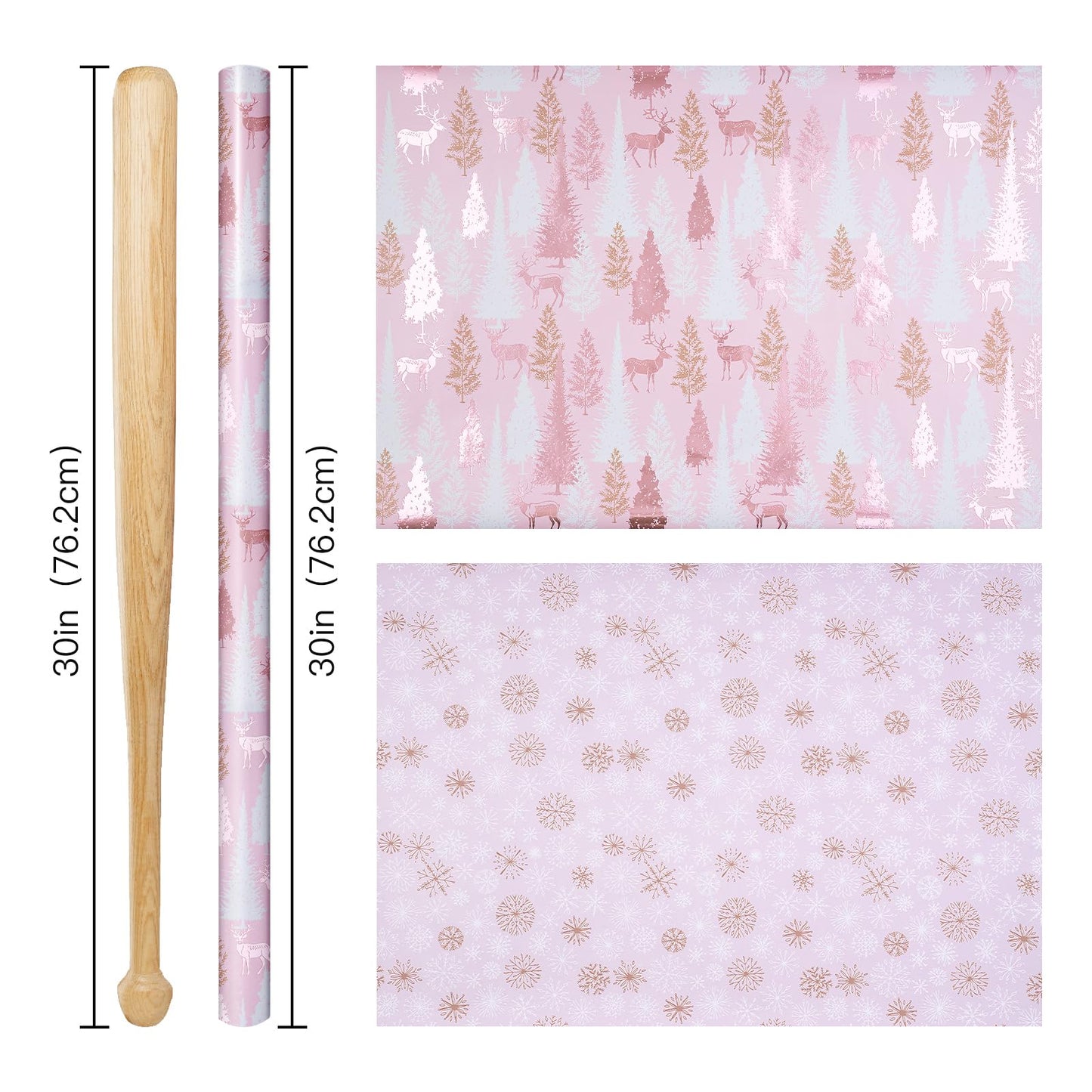 RUSPEPA 30" X 32.8' Reversible Christmas Wrapping Paper Large Paper Roll, Jumbo Roll, Rose Gold Foil Pink Reindeer and Tree Design, Snowflakes Gift Wrap for Girls, Women, Friends, Xmas Holiday Gifts