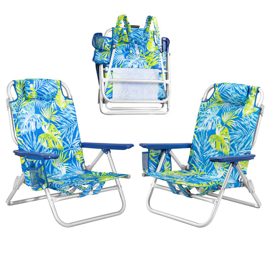 PRETZI Backpack Beach Chairs for Adults - Folding Heavy Duty Camping Chair with Storage Pouch, Cup Holder & Towel Rack, Lightweight & Adjustable Chair for Outdoor,Travel (2pcs / Tropical Foliage)