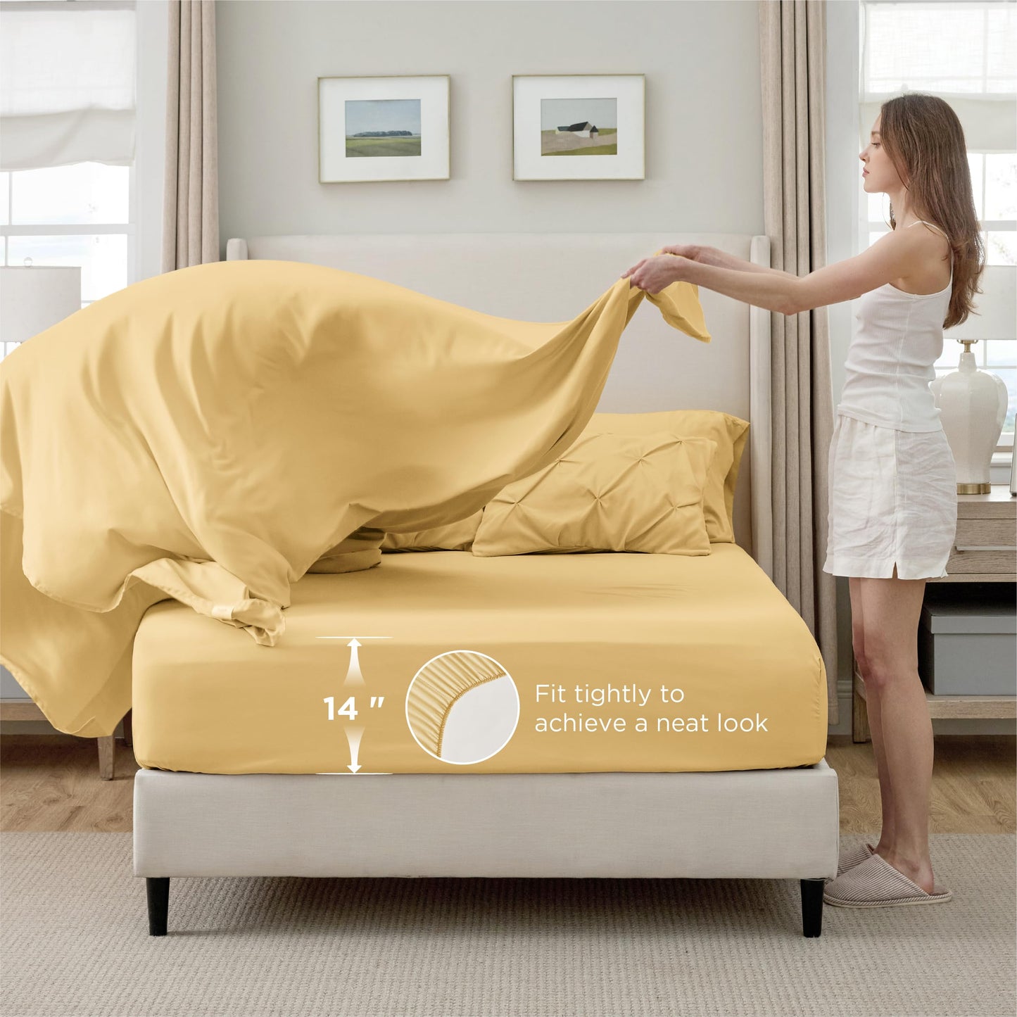 Bedsure Queen Comforter Set Yellow - Bed in a Bag Queen 7 Pieces, Pintuck Bedding Sets Gift for Christmas, Pinch Pleat Bed Set with Queen Size Comforter, Sheets, Pillowcases & Shams