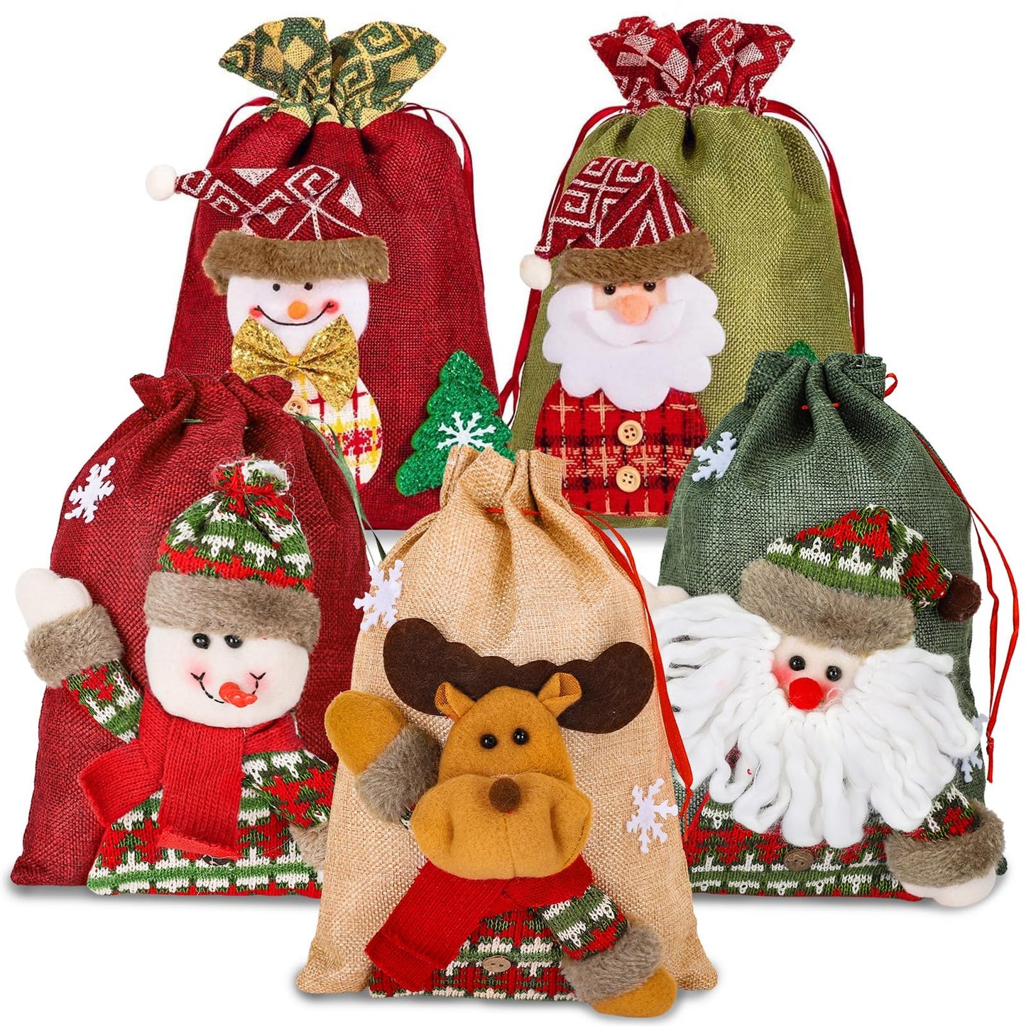 Whaline 3D Xmas Gift & Party Favor Bags Drawstring Handle Xmas Treat Pouch, Snowman Red - 8 x 11in, 8 x 12in (5 Pack)