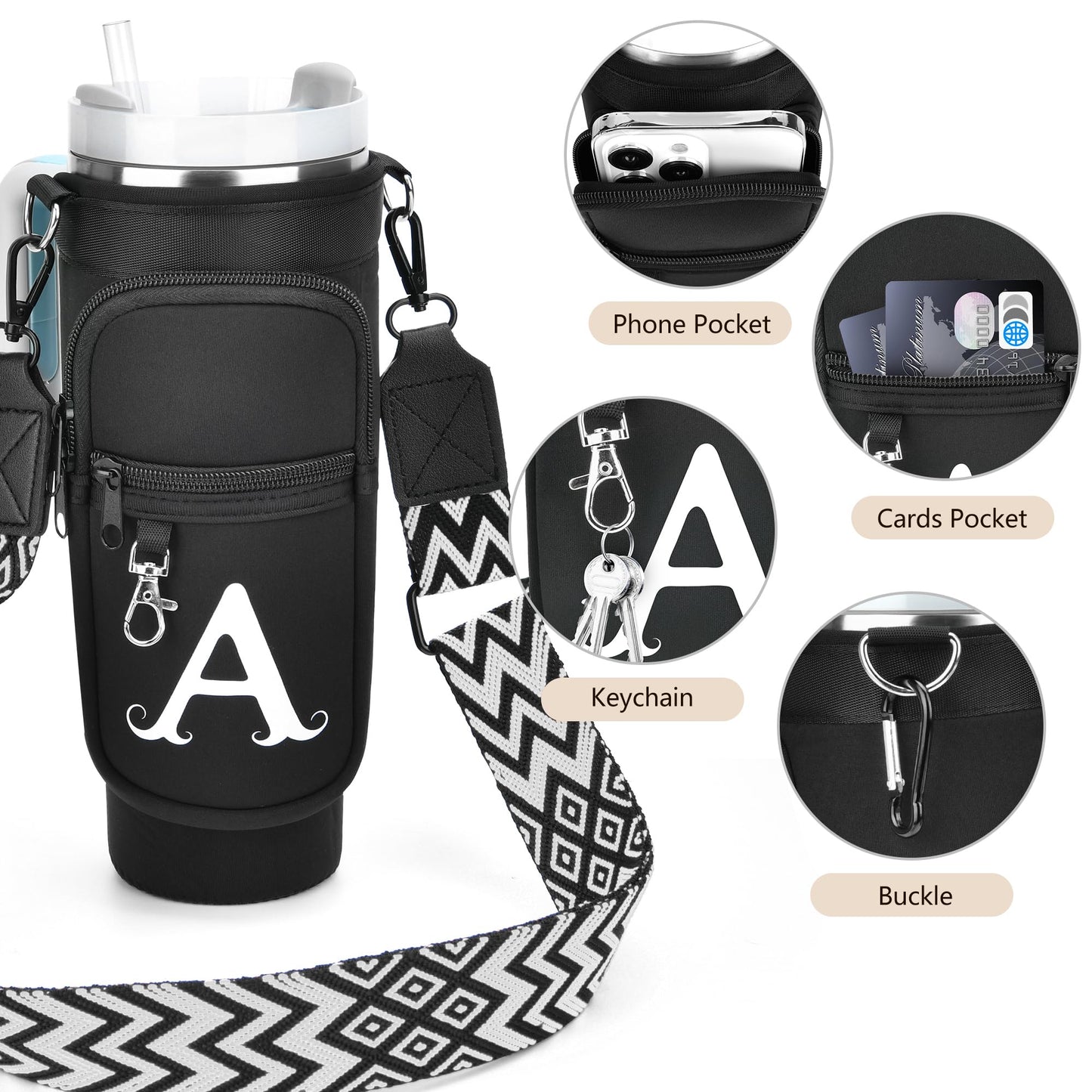 LOKASS Initial Water Bottle Holder with Upgrade Canvas Strap for Stanley 30 oz Tumbler, Gift for Mom Mother's Day Day gifts with Phone Pocket, Personalized Accessories for Stanley Cup, Black - S
