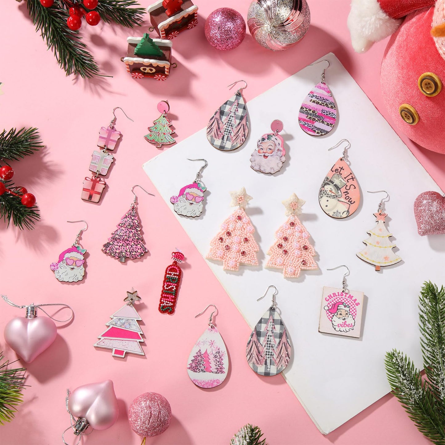 Remuuly 24 Pairs Pink Christmas Earrings for Women Christmas Dangle Earrings Xmas Tree Santa Jewelry for Holiday Party Gifts(Fashion Style)