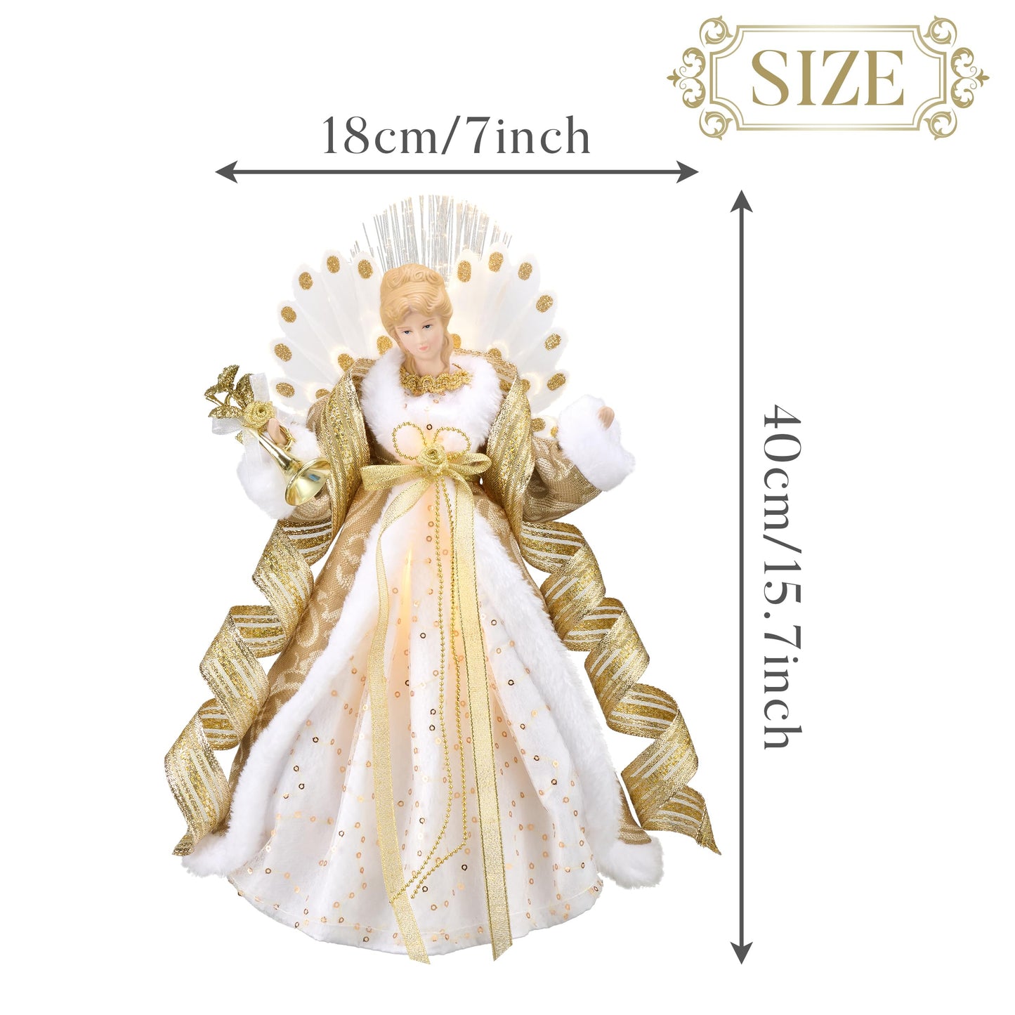 Valery Madelyn Lighted Christmas Tree Topper Angel with Timer, 16 Inch Luxury White Gold Fabric Small Angel Tree Topper with Lights for Christmas Tree Decor Indoor, Battery Operated, Valentines Gift