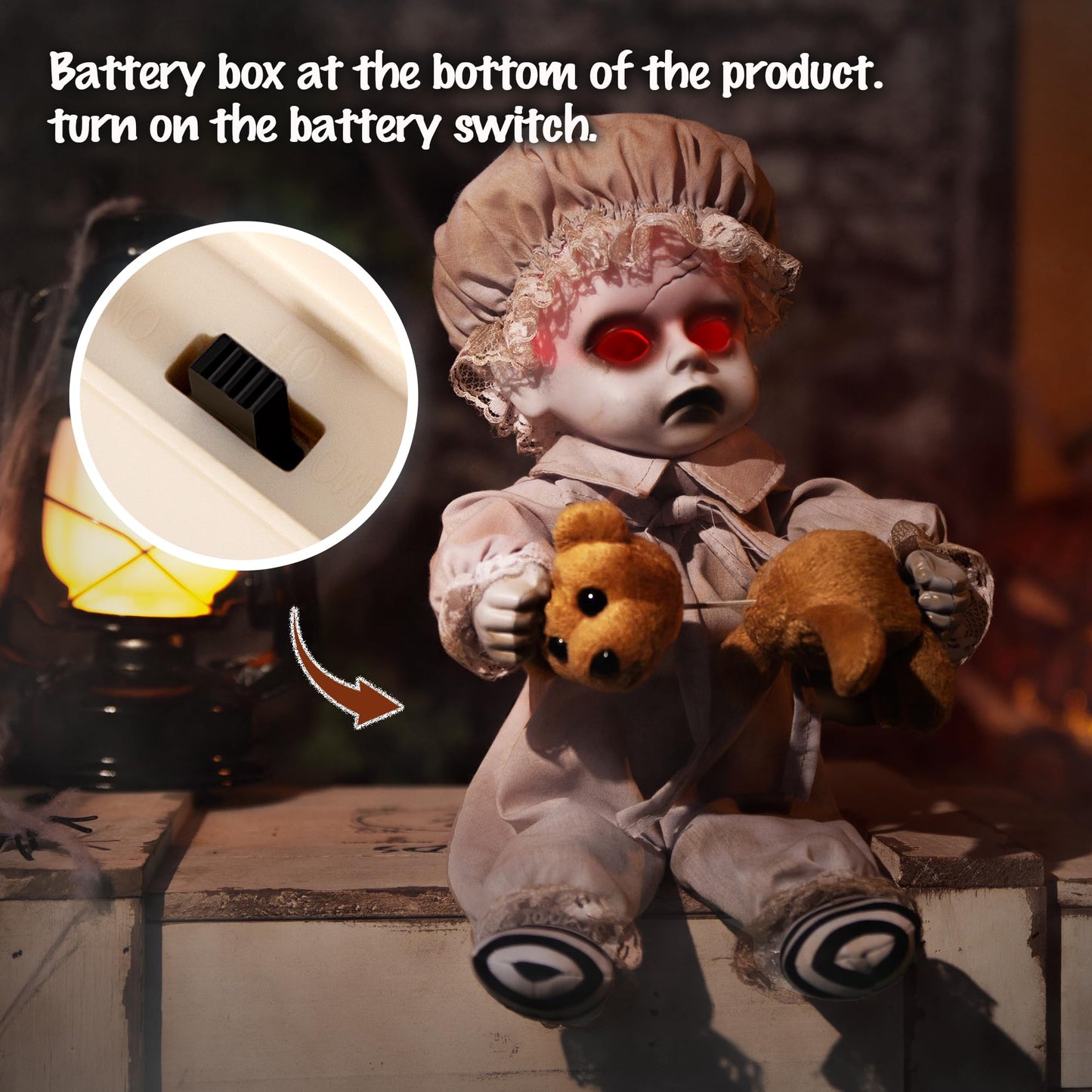 NEYEABL 10" Spirit Animatronic Ghost Boy Doll Halloween Decorations.-Sound Activated,Creepy Sound & Head & Hand Movements,Red Eyes Lit, Haunted House Holiday Props, Halloween Spooky Animations