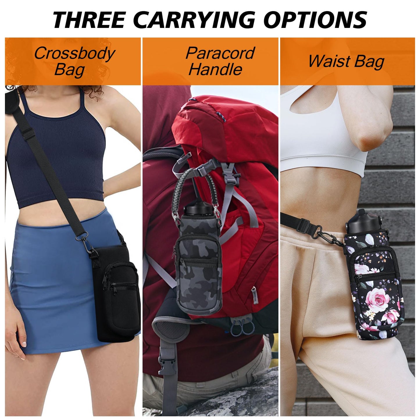 AceTreker 32 oz 40 oz Water Bottle Holder Bag with Strap, Neoprene Water Bottle Carrier with Paracord Handle, Sport Bottle Sleeve Sling Bag with Pocket for Travelling, Walking, Camping-Navy