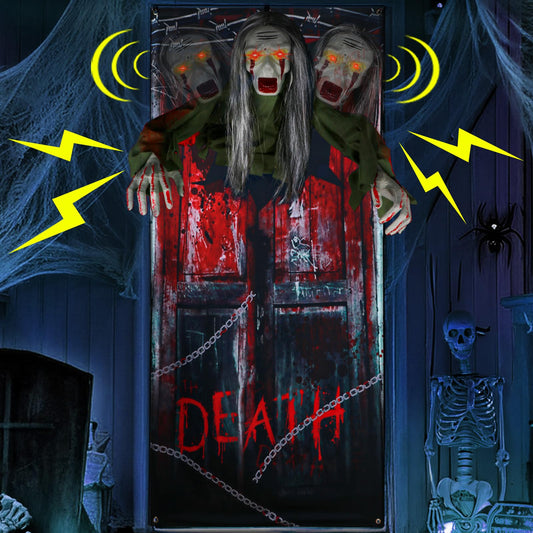 GUDELAK 6.6FT Animated Hanging Halloween Decorations Outdoor Zombie with Light Up Red Eye, Halloween Door Decorations with Halloween Backdrop, green, W-GS-GG-CK-KYB-1