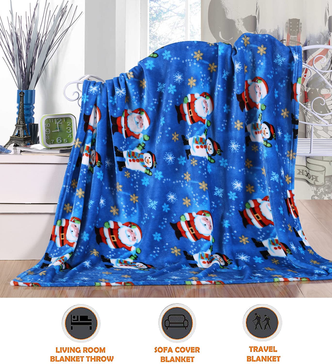 Elegant Comfort Luxury Velvet Super Soft Christmas Prints Fleece Blanket-Holiday Theme Home Décor Fuzzy Warm and Cozy Throws for Winter Bedding, Couch and Gift, 50 x 60 inch, Blue Santa Snowman