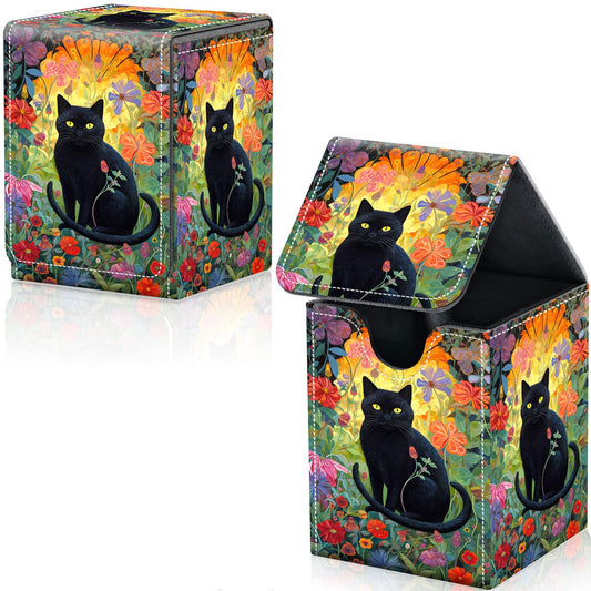 Qindaiwen Card Deck Box for Trading Cards, MTG Deck Box Fits 100+ Single Sleeved Cards, PU Leather Strong Magnet Card Deck Case Holder for Magic Commander TCG CCG, Cat Floral