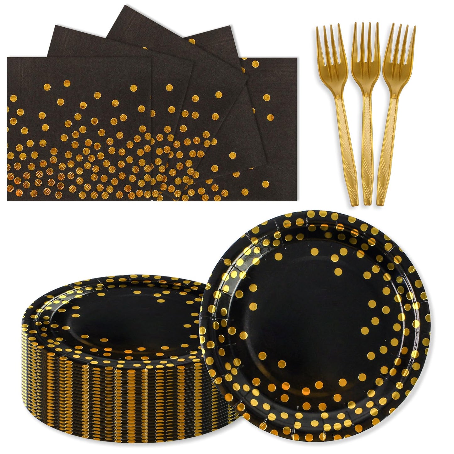 150PCS Paper Plates and Napkins Set - Black and Gold Dot Disposable Party Dinnerware Includes Paper Plates, Napkins, Forks Decorations for Birthdays, Graduations, Weddings and Holidays, Serves 50