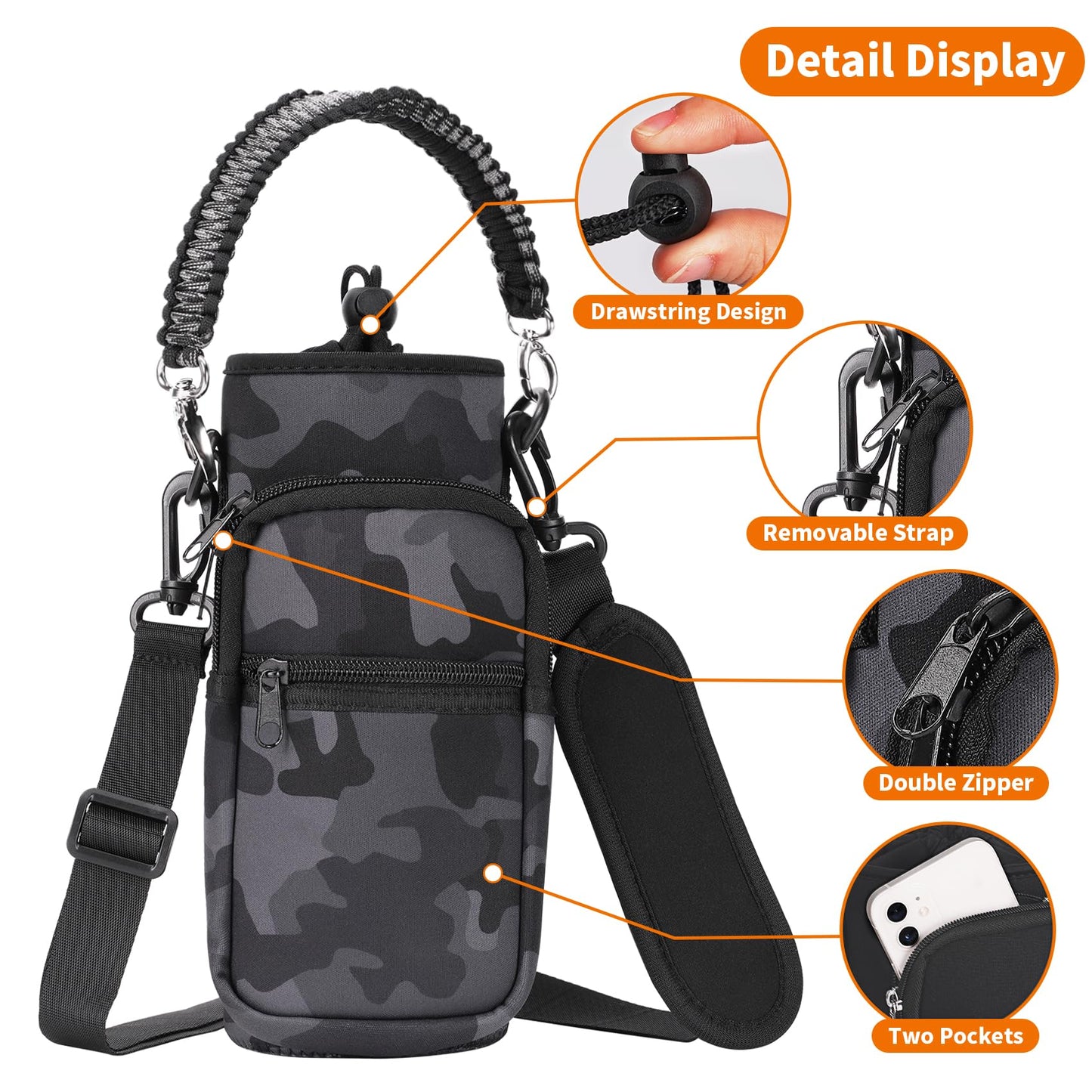 AceTreker 32 oz 40 oz Water Bottle Carrier, Neoprene Water Bottle Holder with Strap & Paracord Handle, Sport Bottle Sleeve Sling Bag with 2 Pocket for Travelling, Walking, Camping-Gray Camo