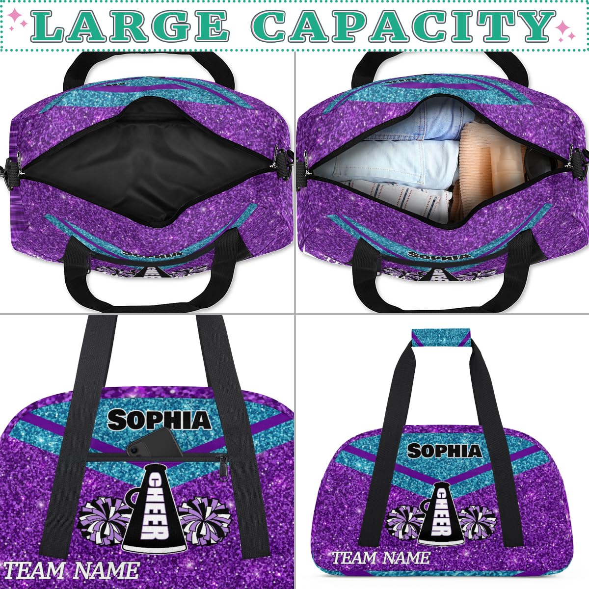 Voloreju Personalized Name Glitter Cheer Bags for Girls Boy Customize Travel Duffle Bag Foldable Sports Bag Kids Gym Bag