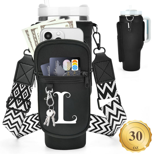 LOKASS Initial Water Bottle Holder with Upgrade Canvas Strap for Stanley 30 oz Tumbler, Gift for Mom Mother's Day Day gifts with Phone Pocket, Personalized Accessories for Stanley Cup, Black - L