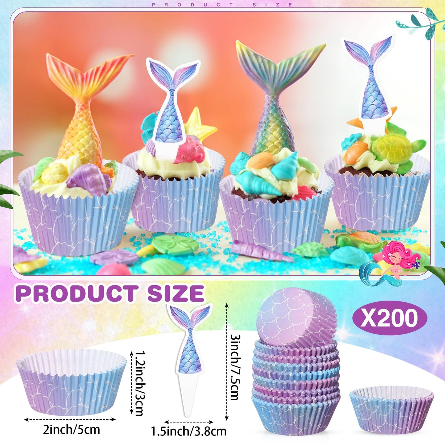 Vesici 200 Counts Cupcake Liners and 200 Counts Cupcake Toppers Round Baking Cups Greaseproof Muffin Liners for Graduation Wedding Baby Shower Birthday Theme Party Supplies(Mermaid)