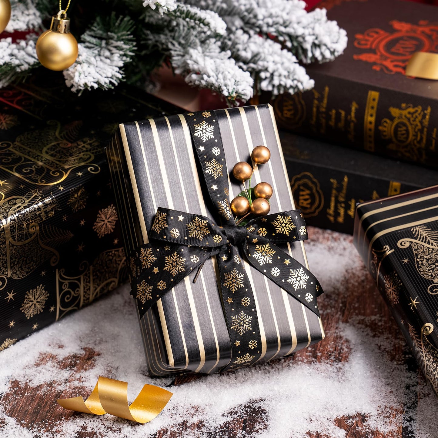 WRAPAHOLIC 30 Inch Jumbo Reversible Black and Gold Christmas Wrapping Paper - 30 Inch x 33 Feet - Black Gold Sleigh and Stripe Wrapping Paper with Metallic Foil for Christmas, Holiday, Party