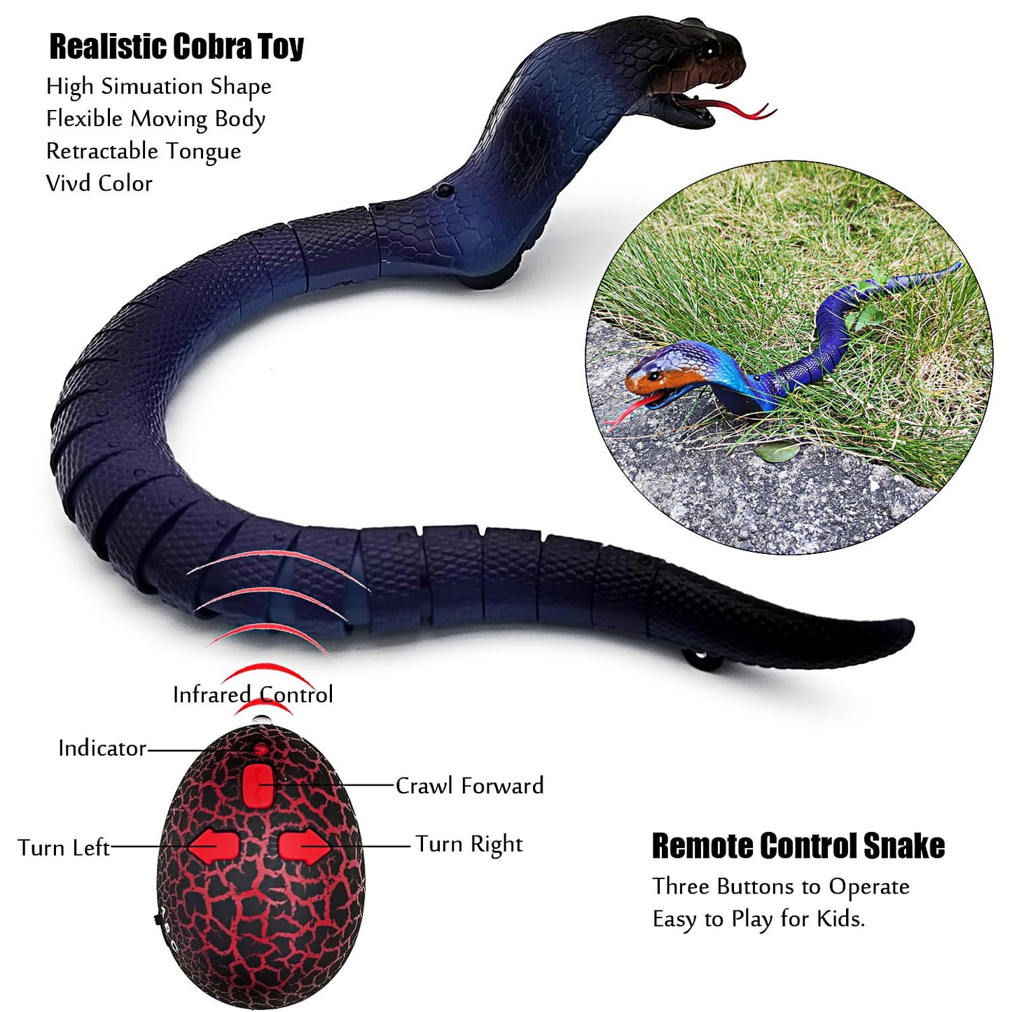 Tipmant RC Snake Infrared Remote Control Cobra Fake Realistic Naja Animal Crawling Vehicle Scary Trick Kids Halloween Christmas Prank Toys Birthday Gifts (Blue)