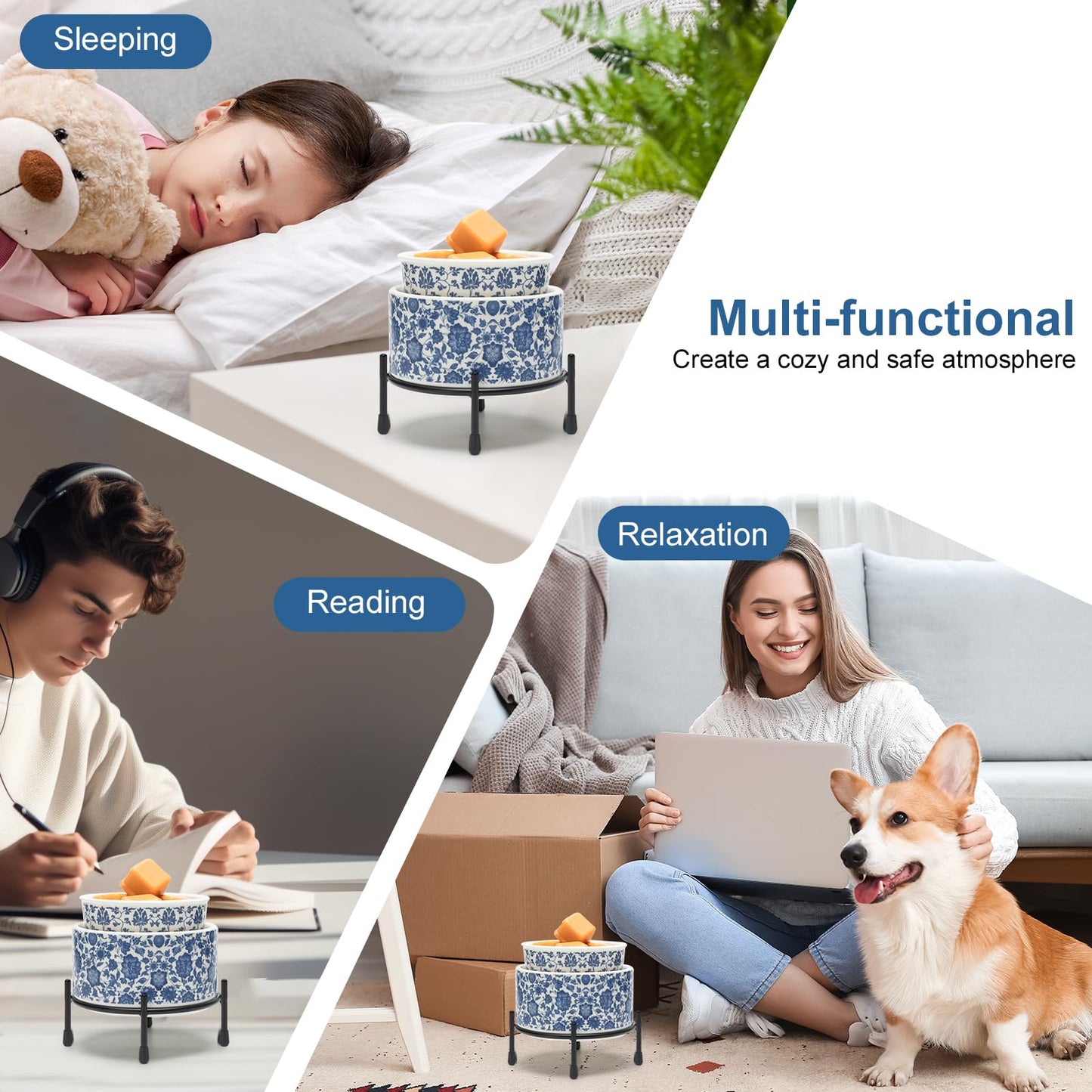 NAFANG Blue & White Porcelain Pattern Wax Melt Warmer,Ceramic 3-in-1 Electric Candle Wax Warmer for Scented Wax Melter Oil Burner for Home Office Bedroom Gift & Decor (with KD Iron Shelf)