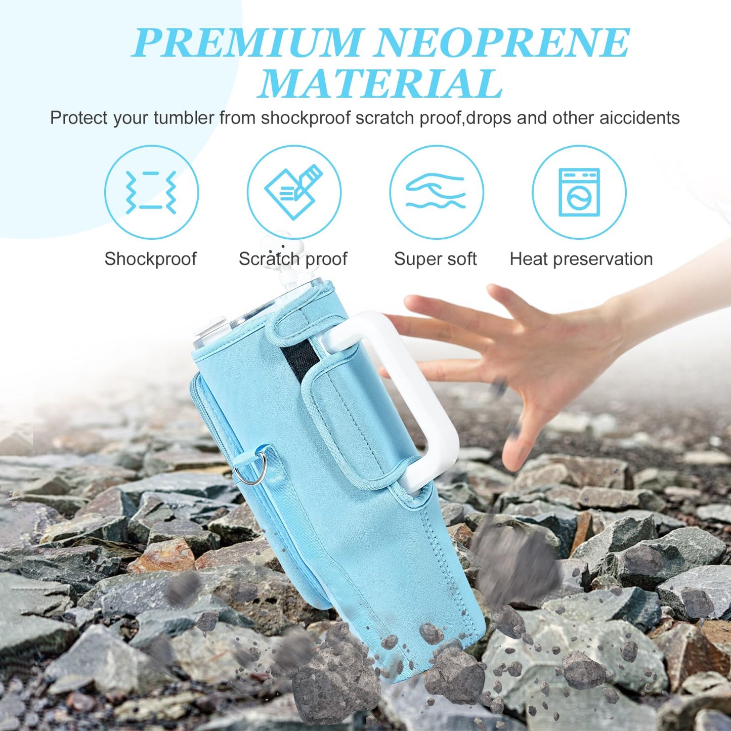 Water Bottle Carrier Bag with Pouch for Stanley 40 oz Tumbler with Handle, Neoprene Water Bottle Holder Pocket with Adjustable 4.9FT Strap, Bottle Pouch for Stanley Cup Accessories(Blue)