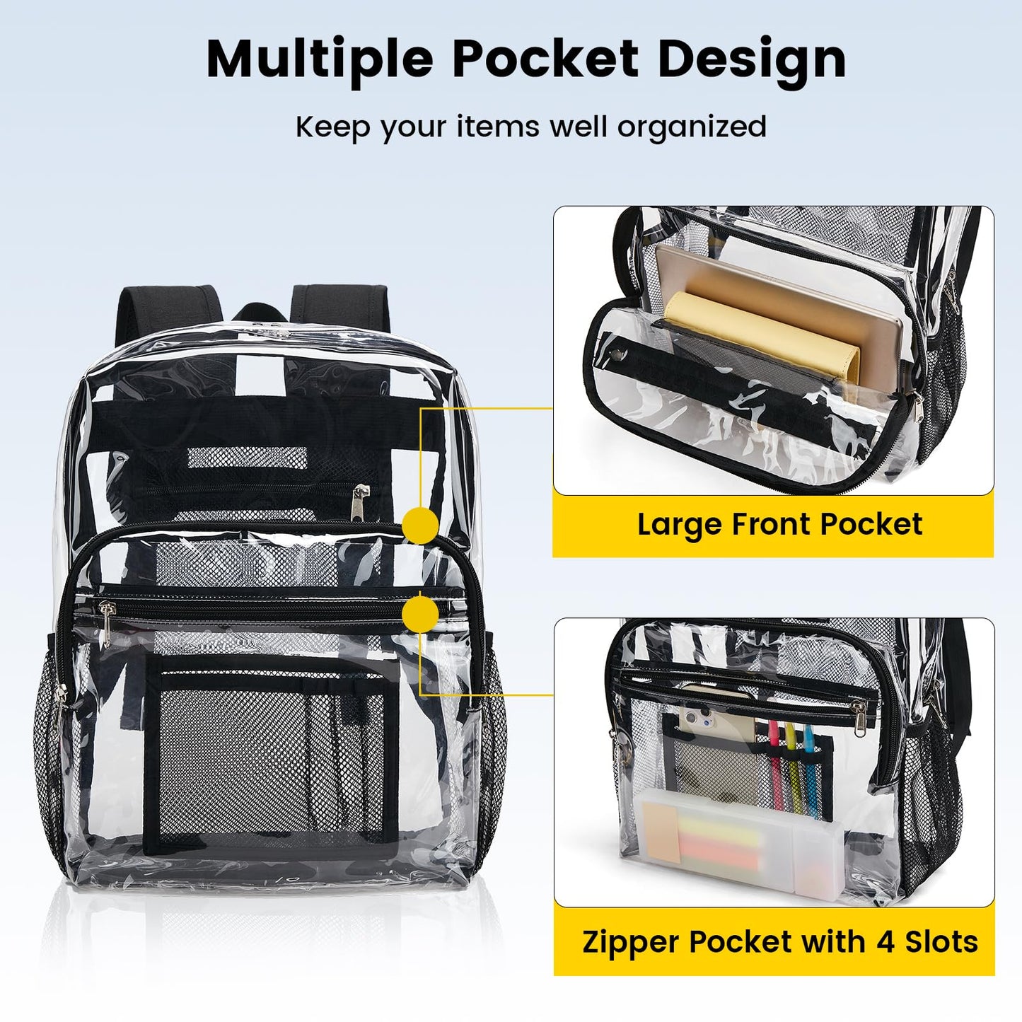Vorspack Clear Backpack Heavy Duty - Clear Bookbag Large See Through Backpack Plastic Transparent Backpacks for College Work Travel - Black