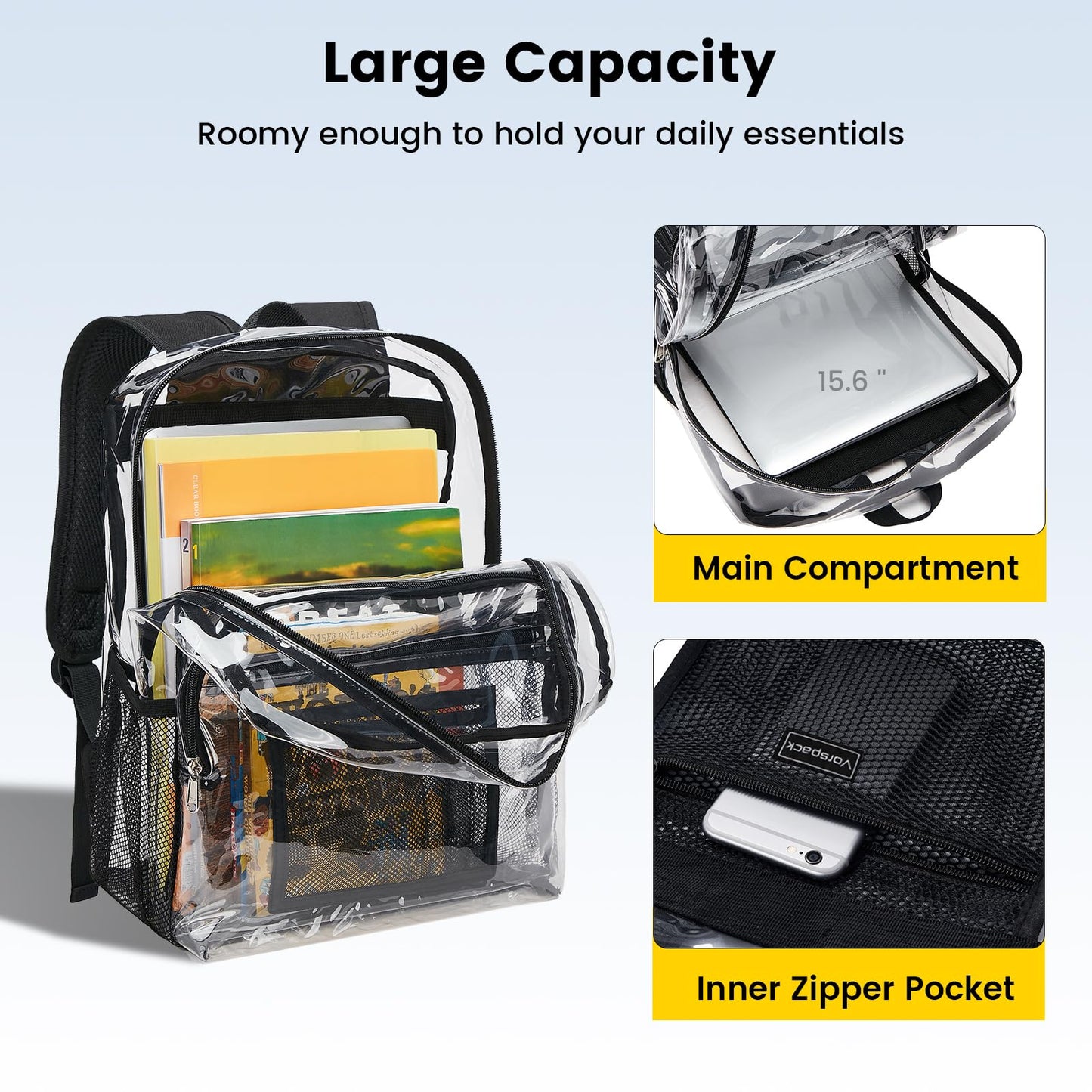 Vorspack Clear Backpack Heavy Duty - Clear Bookbag Large See Through Backpack Plastic Transparent Backpacks for College Work Travel - Black