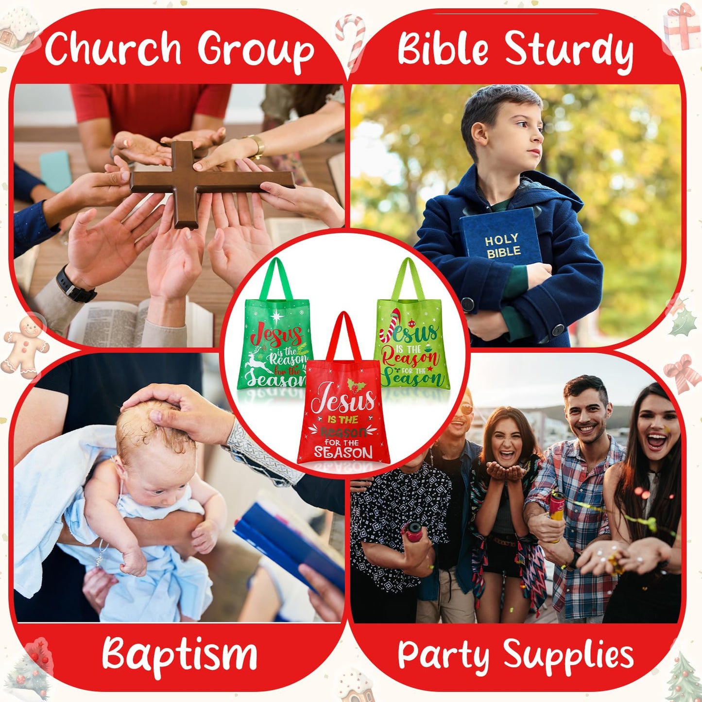 Hosuly 15 Pcs Extra Large Christmas Gift Bags 15 x 17 in Non Woven Christmas Tote with Handle Reusable Jesus Is the Reason for the Season Shopping Bags for Religious Xmas Holiday Party Supplies