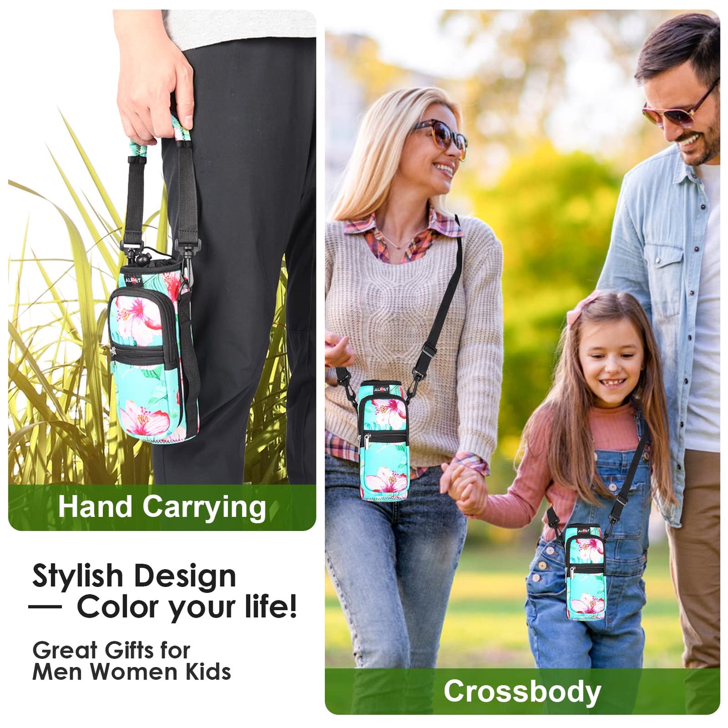 Water Bottle Sling Bag Sleeve Holder Carrier 25/32/40/64 oz ,Insulated Crossbody Water Bottle Case Cover with Strap and Pockets for Men/Women Walking Hiking Camping (25oz, flowers green background)