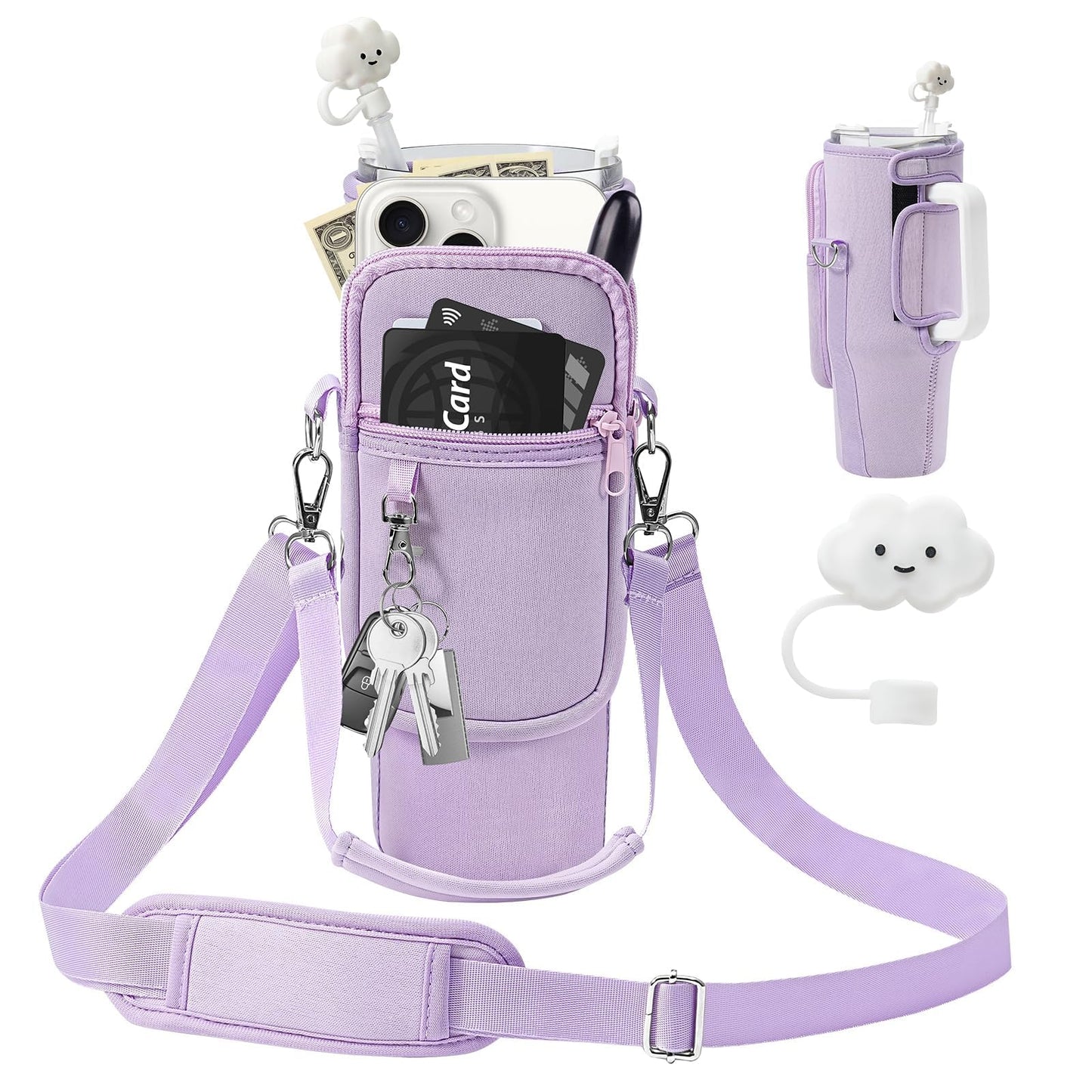 PRAGATISM Water Bottle Holder with Strap Pouch and Handle fits for Stanley 30 oz Tumbler, Water Bottle Carrier Bag with 4.9FT Strap, Bottle Pouch for Stanley Cup Accessories