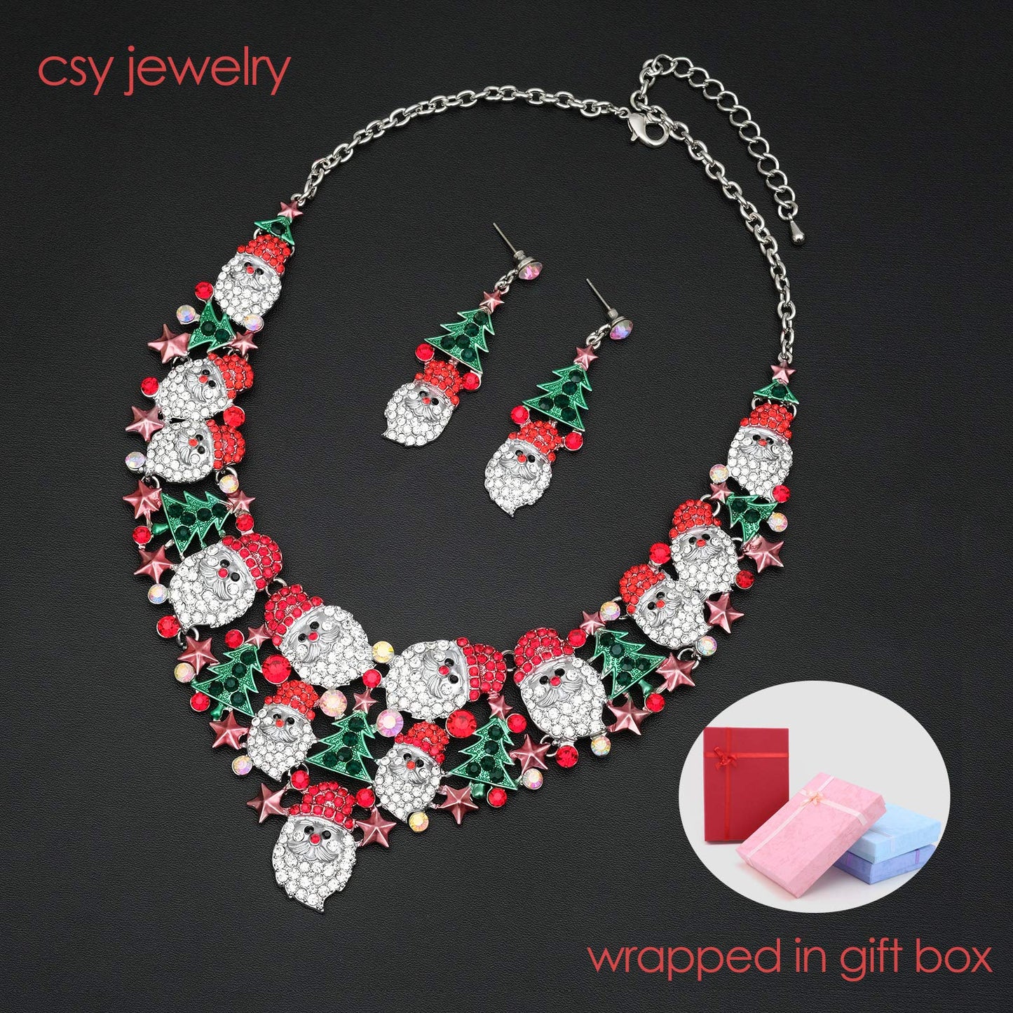 Luxury Statement Bib Necklace Earrings Santa Claus Christmas Tree Element Party Costume Jewelry Set Xmas Gift for Women