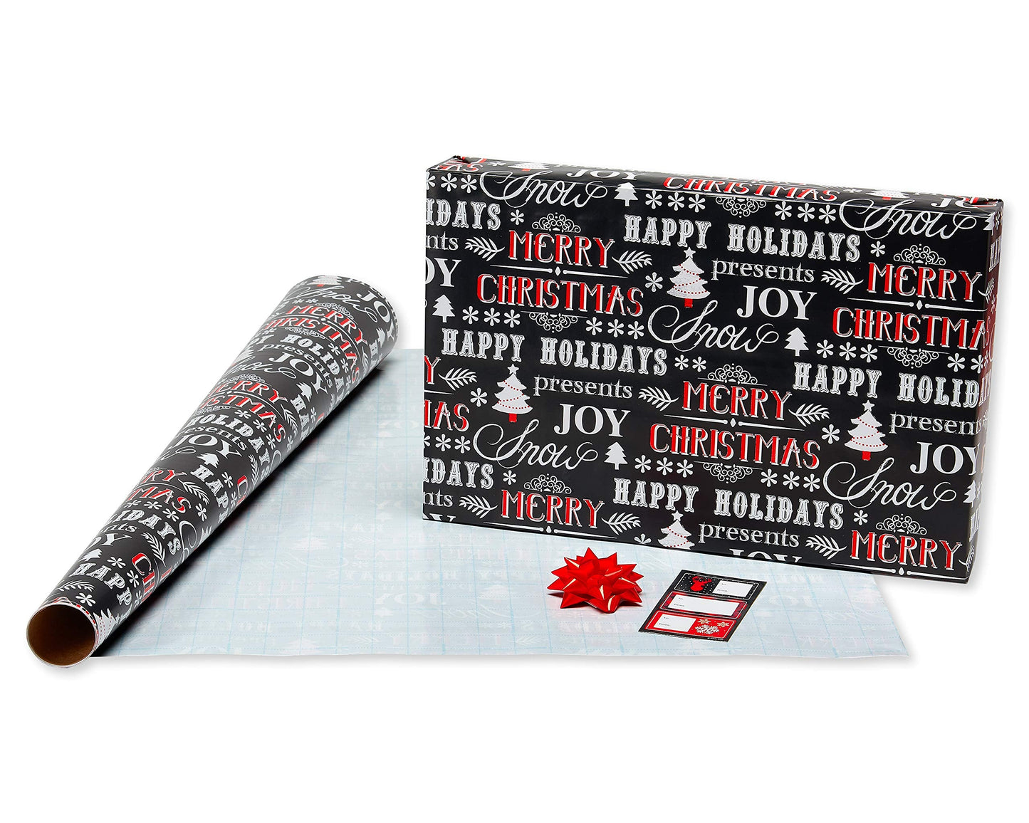 American Greetings 120 sq. ft. Red and Black Christmas Wrapping Paper Set with Cut Lines (4 rolls 30 in. x 12 ft., 7 Bows, 30 Gift Tags), Christmas Text, Plaid, Reindeer and Snowflakes