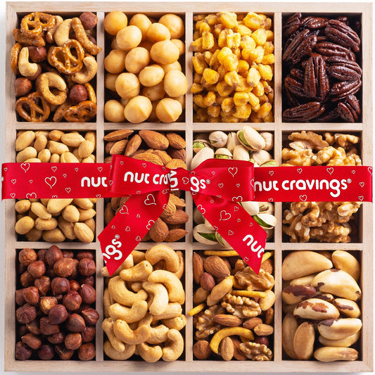 NUT CRAVINGS - Mixed Nuts Gift Basket in Reusable Wooden Tray + Heart Ribbon (12 Assortments) Food Arrangement, Healthy Snack Care Package, Food Assortments