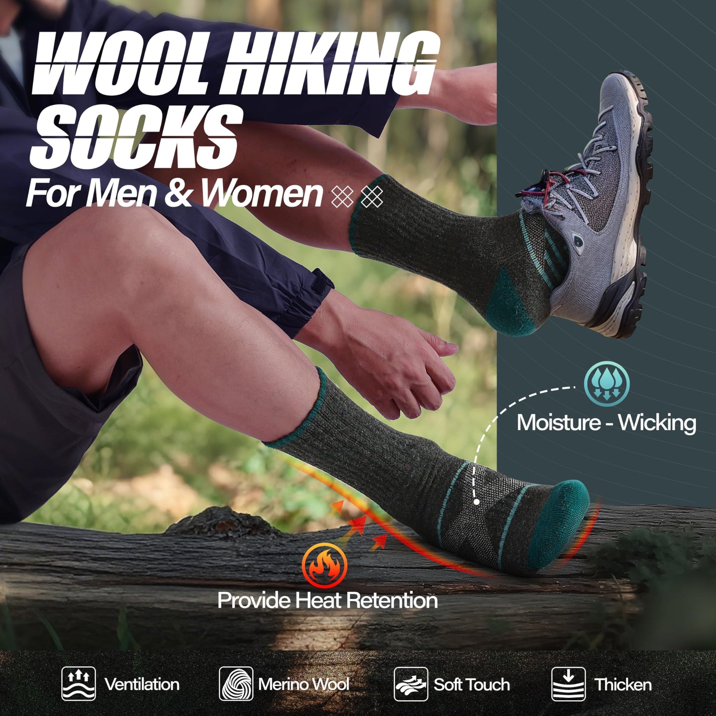 ANTSANG Merino Wool Socks for Men & Women Thermal Winter Hiking Warm Thick Athletic Crew Cozy Boot Work Gift Socks Stocking Stuffers 5 Pairs (Orange/Green/Blue/Black/Dark Grey A,L)