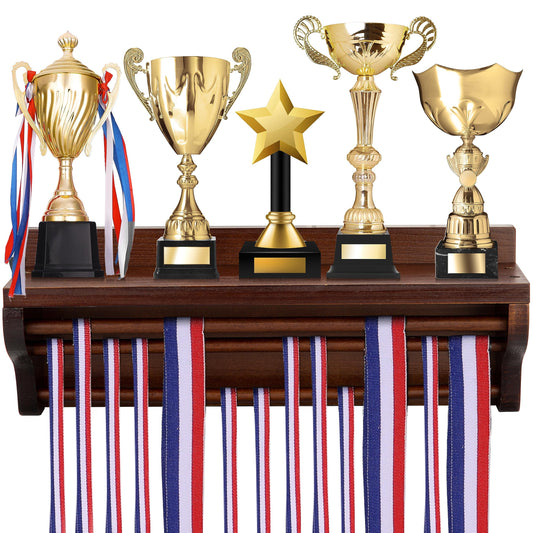 Pllieay Wooden Medal Hanger and Trophy Shelf, Trophy Display Shelf Walnut Medal Hanger Display with Shelf, Medal Holder, Medal Rack, Race Medal Trophy Display Shelf