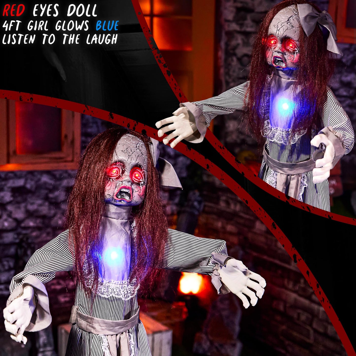 Halloween Animatronics 4ft Creepy Doll Decoration - 48inch Animated Scary Talking Doll with Sound Activated, Creepy Voice, Spooky Move, Light-Up Eyes, Horror Prop for Indoor, Outdoor, Yard Lawn