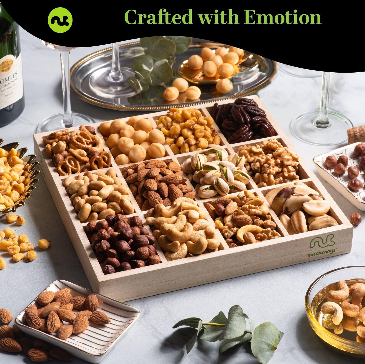 NUT CRAVINGS - Mixed Nuts Gift Basket in Reusable Wooden Tray + Green Ribbon (12 Assortments) Food Arrangement, Healthy Snack Care Package, Food Assortments