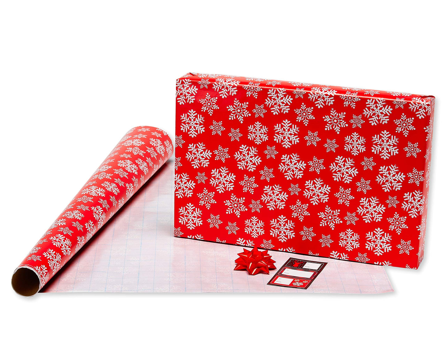 American Greetings 120 sq. ft. Red and Black Christmas Wrapping Paper Set with Cut Lines (4 rolls 30 in. x 12 ft., 7 Bows, 30 Gift Tags), Christmas Text, Plaid, Reindeer and Snowflakes