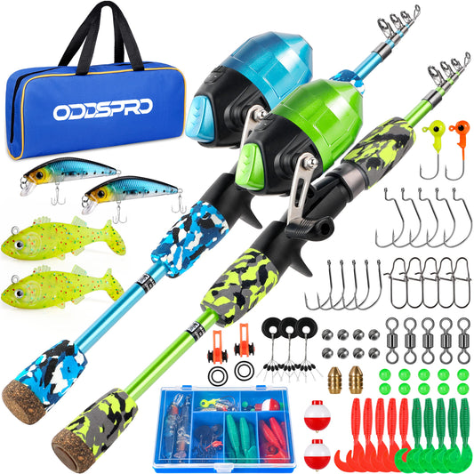 ODDSPRO Kids Fishing Pole - Kids Fishing Starter Kit - with Tackle Box, Reel, Practice Plug, Beginner's Guide and Travel Bag for Boys, Girls (2 pack (Blue+Green), 1.5M 4.92Ft)
