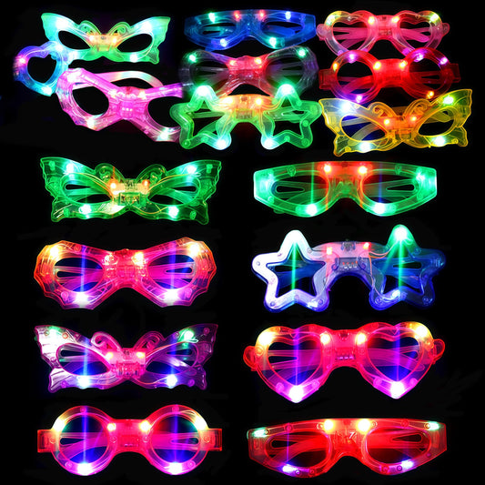 24 Packs LED Glasses for kids Glow in the dark Party Supplies Favor,6 LED 6 Shapes Glasses Flashing Plastic Light up Glass Toys Bulk 3 Replaceable Battery fit Halloween Christmas Thanksgiving