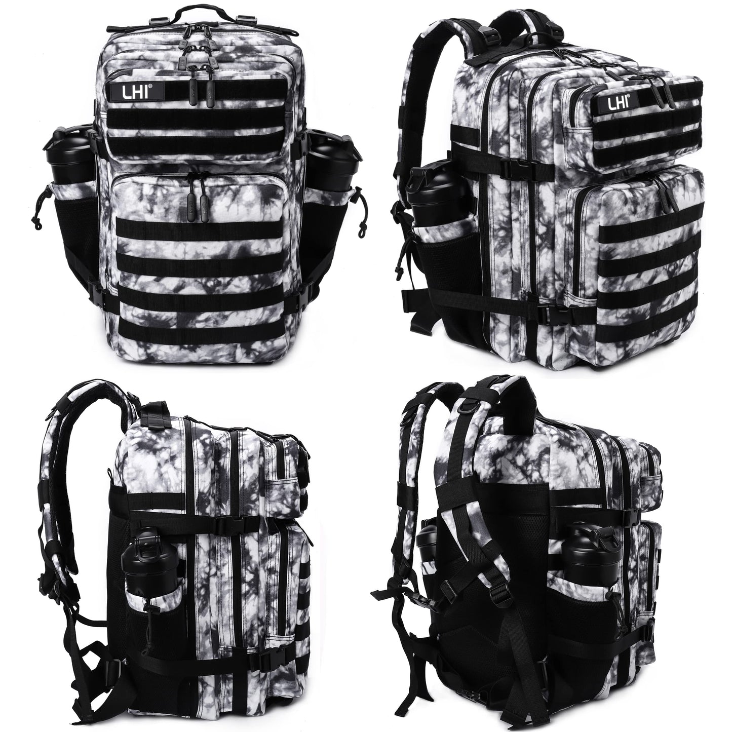 LHI Military Tactical Backpack for Men Molle Daypack 45L Army 3 Days Assault Pack Bag Large Rucksack With Bottle Holder Black and White(12*20*12)