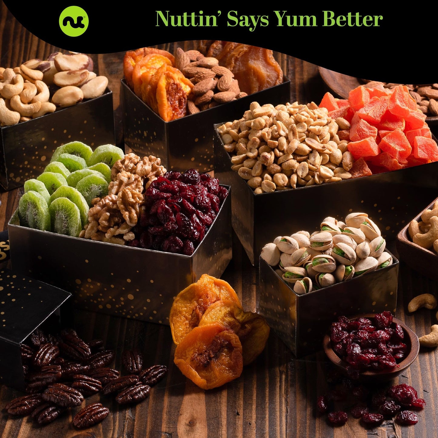 NUT CRAVINGS - Mixed Nuts Gift Basket Black Tower + Heart Ribbon (12 Assortments) Food Arrangement, Healthy Snack Care Package, Food Assortments