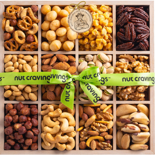 NUT CRAVINGS - Mixed Nuts Gift Basket in Reusable Wooden Tray + Green Ribbon (12 Assortments) Food Arrangement, Healthy Snack Care Package, Food Assortments