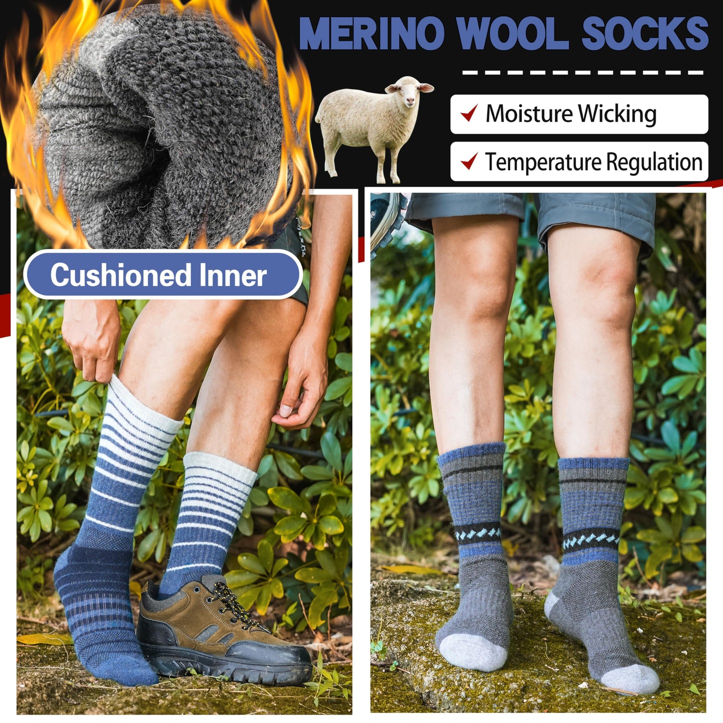 Merino Wool Socks for Men Thermal Winter Warm Hiking Cozy Crew Work Gift Socks Stocking Stuffers 5 Pairs(Blue,L)