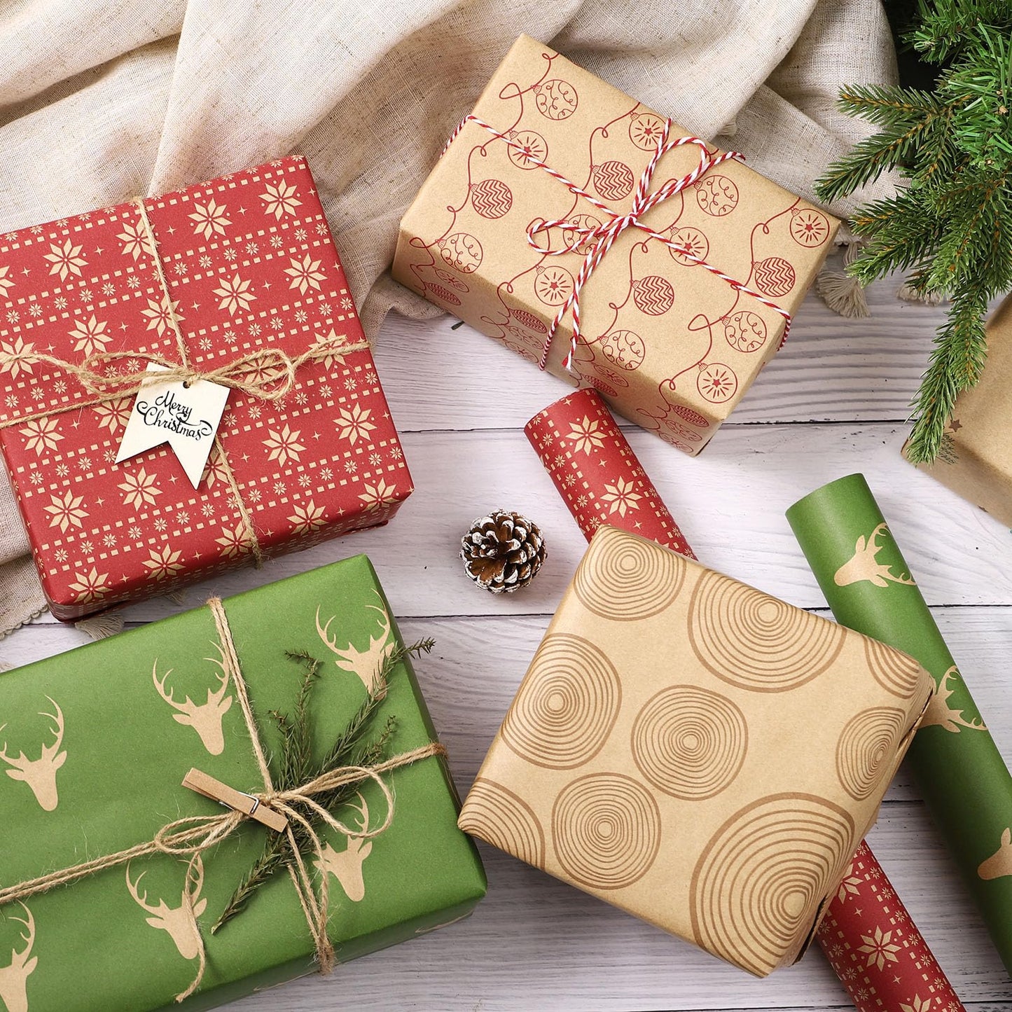 RUSPEPA Christmas Wrapping paper - Brown Kraft Paper with Red and Green Pattern For -Christmas Elements Collection-6 Roll-30Inch X 10Feet Per Roll